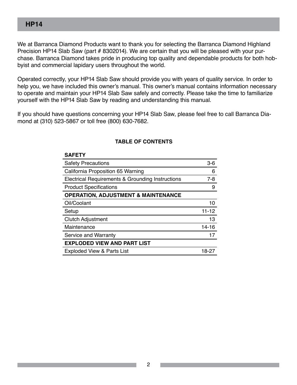 Barranca Diamond HP14 Slab Saw User Manual | Page 2 / 32