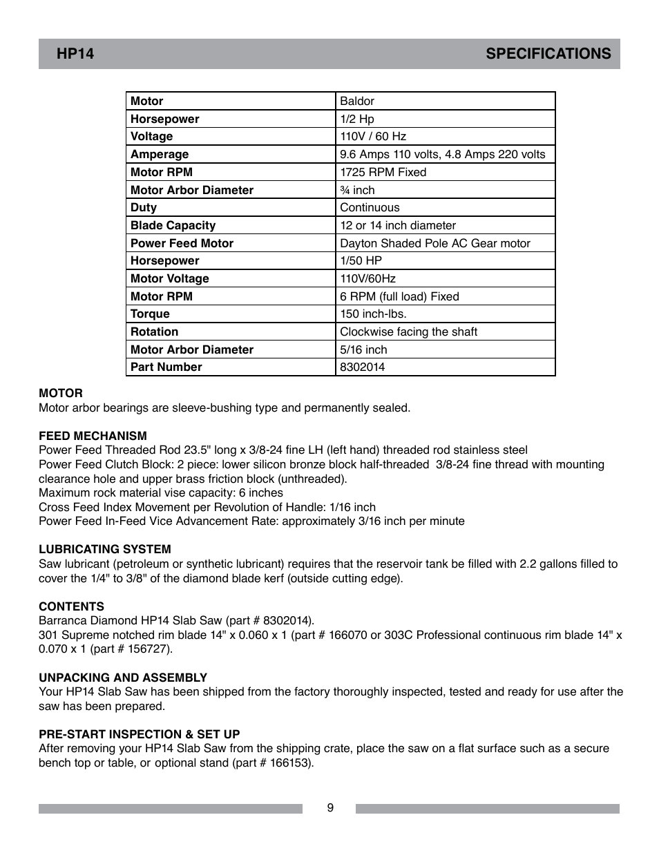 Barranca Diamond HP14 Slab Saw User Manual | Page 9 / 32