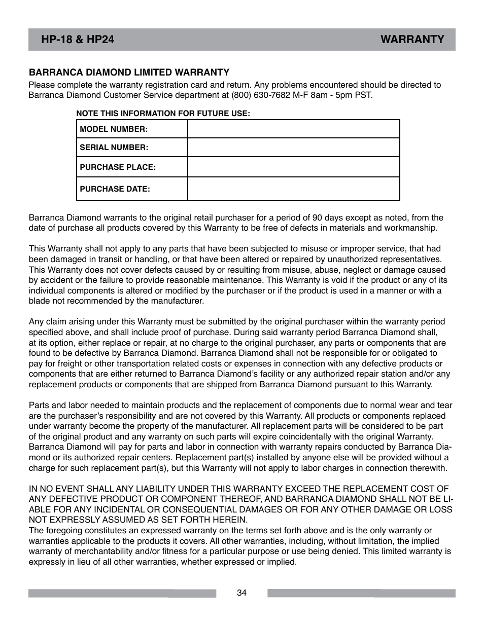 Barranca Diamond HP18 Slab Saw User Manual | Page 34 / 40