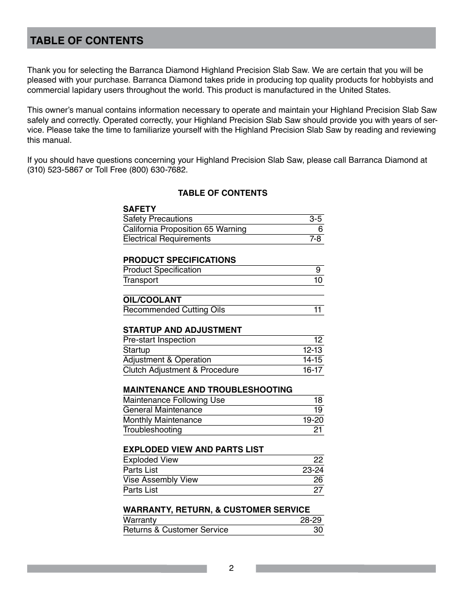 Barranca Diamond HP30 Slab Saw User Manual | Page 2 / 32