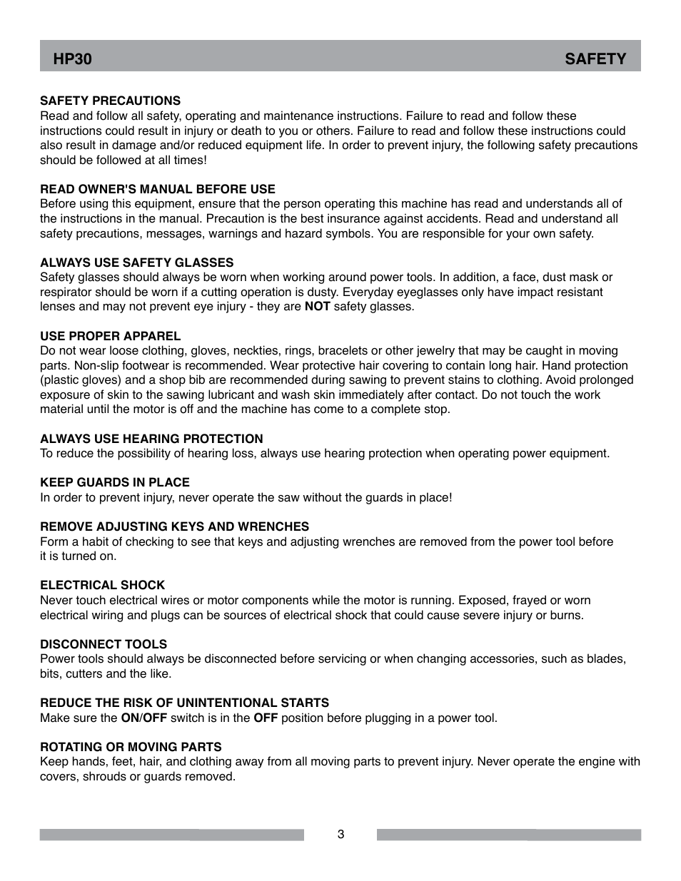 Hp30 safety | Barranca Diamond HP30 Slab Saw User Manual | Page 3 / 32