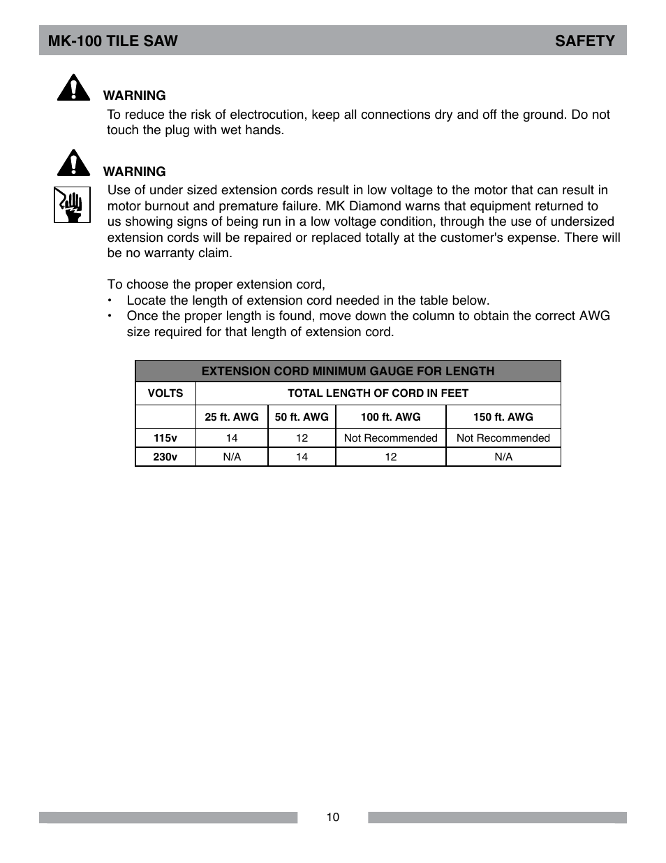 Mk-100 tile saw safety | Barranca Diamond MK-100 TILE SAW User Manual | Page 10 / 44