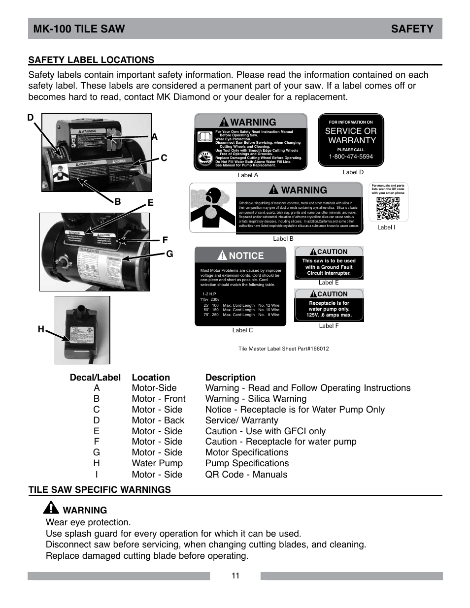 Mk-100 tile saw safety, Warning, Notice | Service or warranty | Barranca Diamond MK-100 TILE SAW User Manual | Page 11 / 44