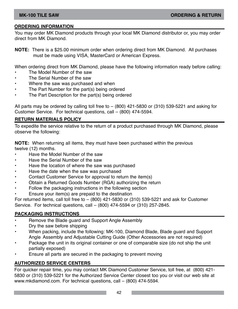 Barranca Diamond MK-100 TILE SAW User Manual | Page 42 / 44