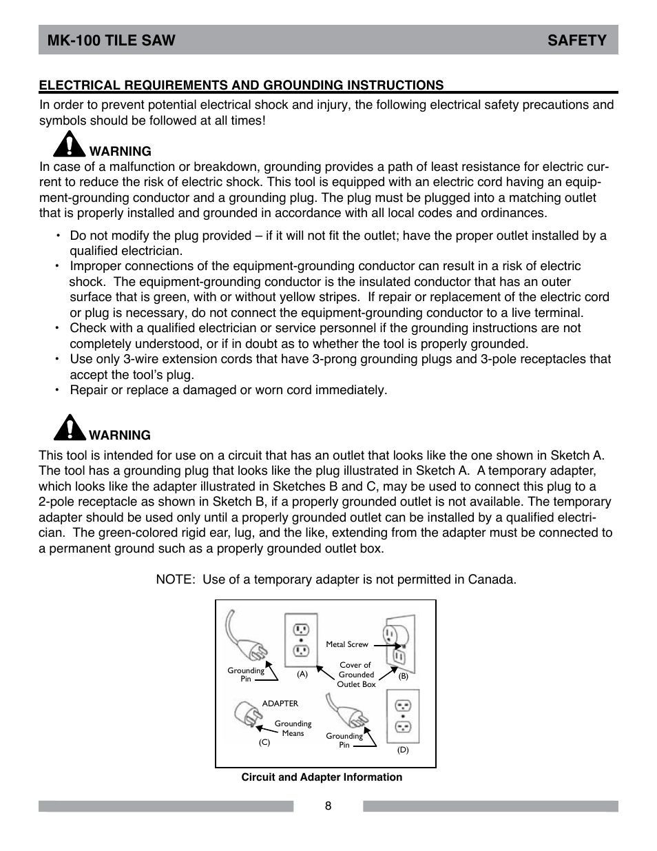 Mk-100 tile saw safety | Barranca Diamond MK-100 TILE SAW User Manual | Page 8 / 44