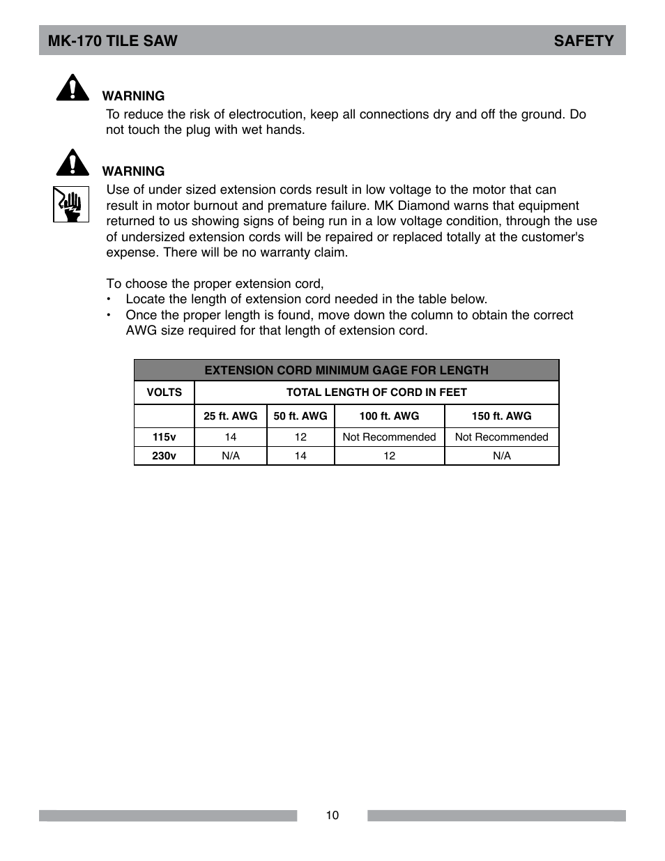 Mk-170 tile saw safety | MK Diamond MK-170 User Manual | Page 10 / 36