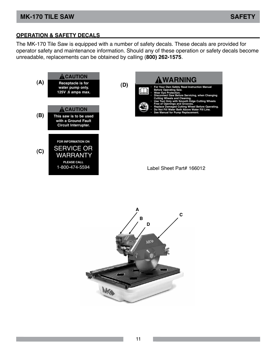 Warning, Service or warranty, Mk-170 tile saw safety | MK Diamond MK-170 User Manual | Page 11 / 36
