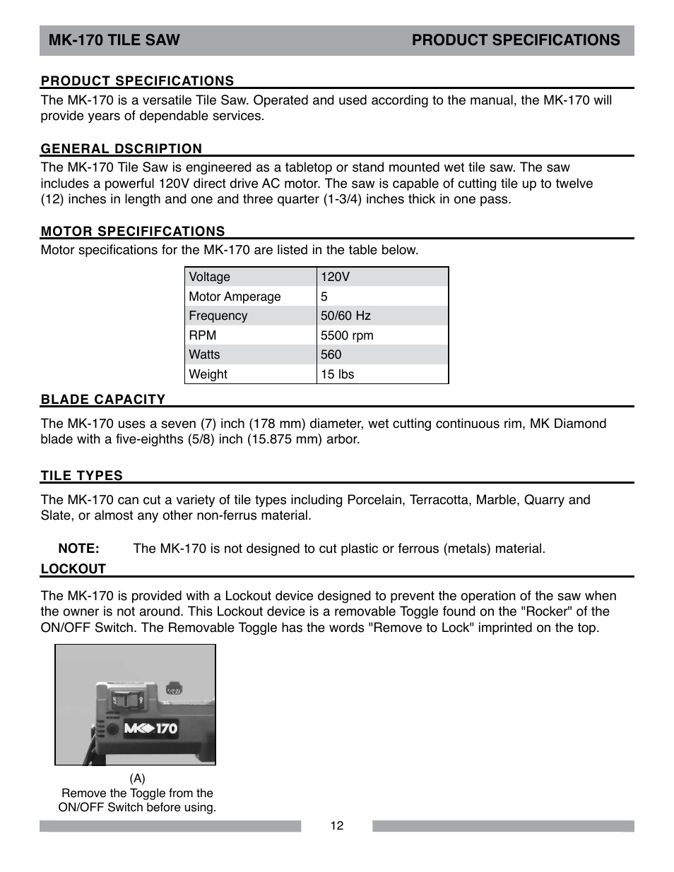 MK Diamond MK-170 User Manual | Page 12 / 36