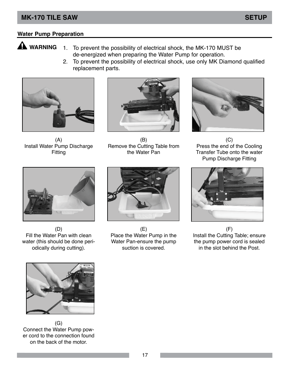 Mk-170 tile saw setup | MK Diamond MK-170 User Manual | Page 17 / 36