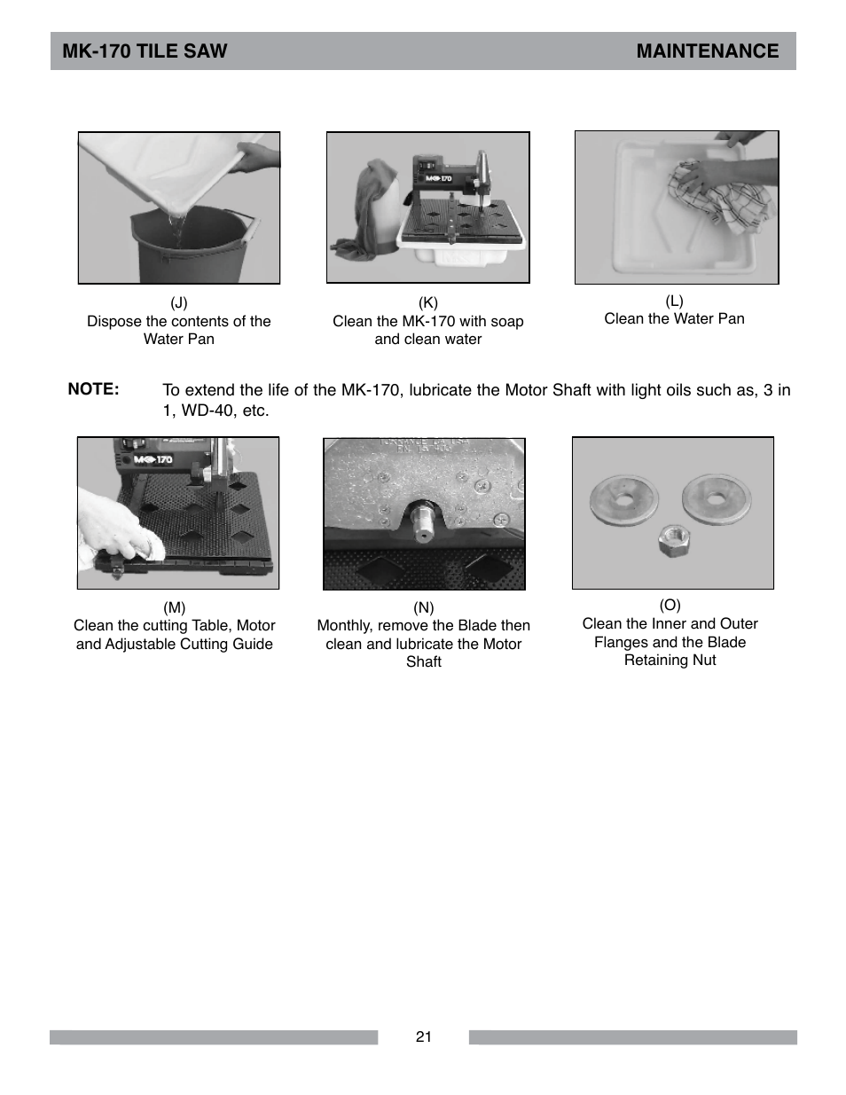 Mk-170 tile saw maintenance | MK Diamond MK-170 User Manual | Page 21 / 36