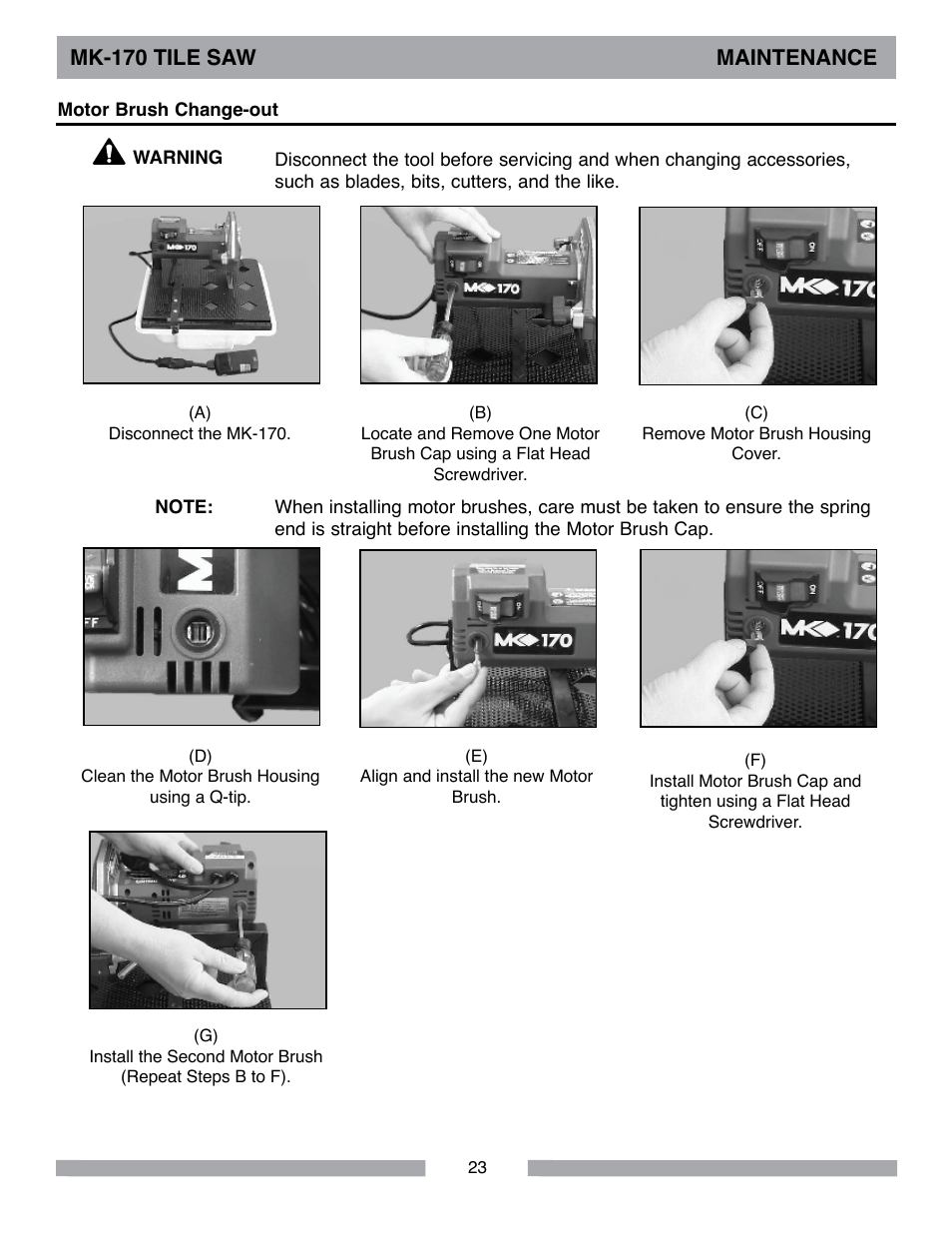 Mk-170 tile saw maintenance | MK Diamond MK-170 User Manual | Page 23 / 36