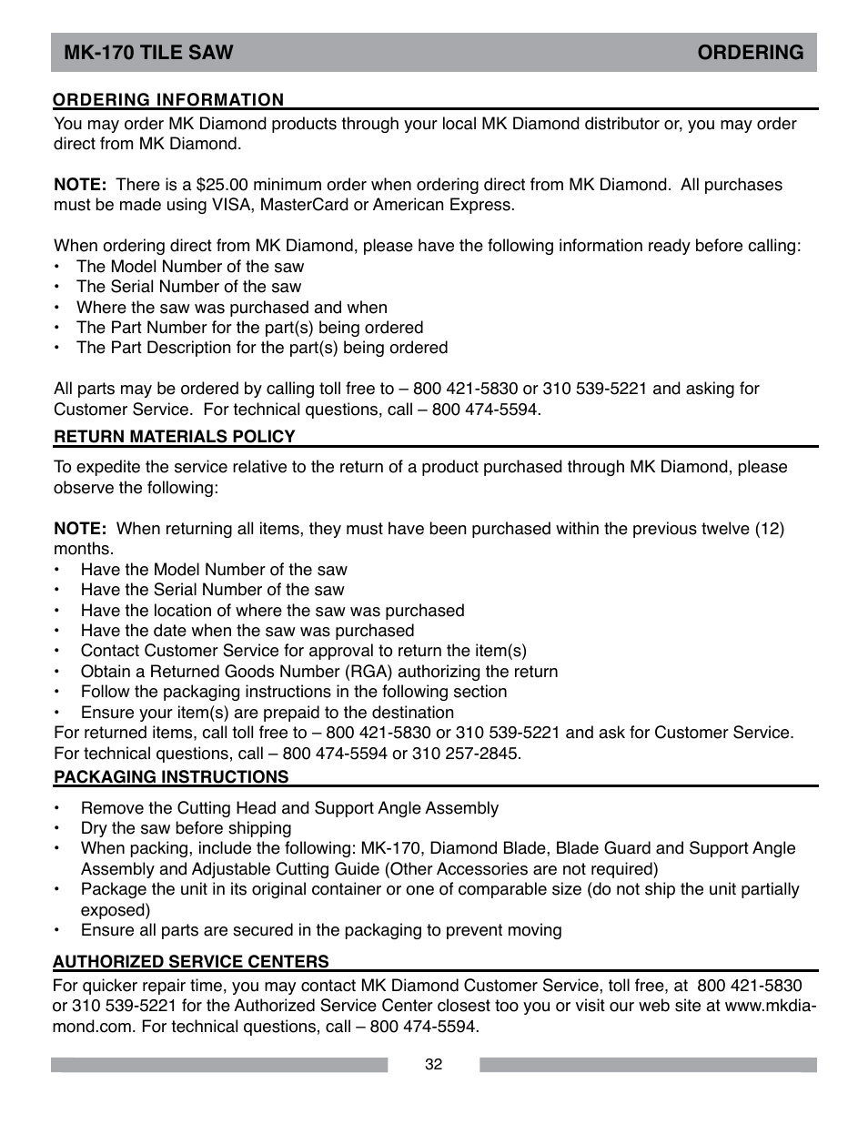 MK Diamond MK-170 User Manual | Page 32 / 36