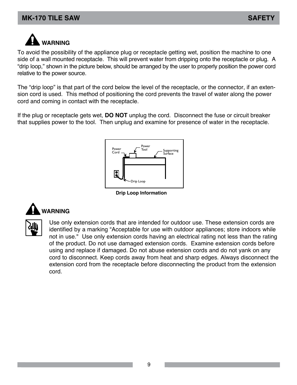 Mk-170 tile saw safety | MK Diamond MK-170 User Manual | Page 9 / 36