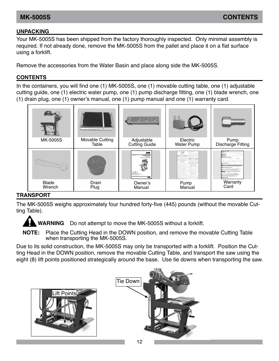 Mk-5005s contents | Barranca Diamond MK-5005S Block Saw User Manual | Page 12 / 56