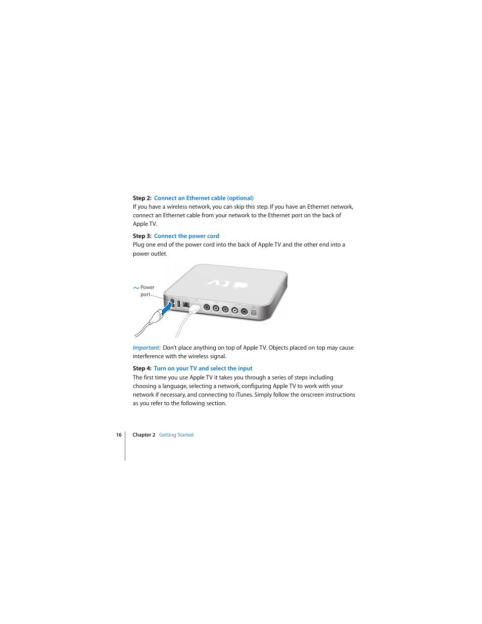 Step 2: connect an ethernet cable (optional), Step 3: connect the power cord, Step 4: turn on your tv and select the input | Apple TV User Manual | Page 16 / 48