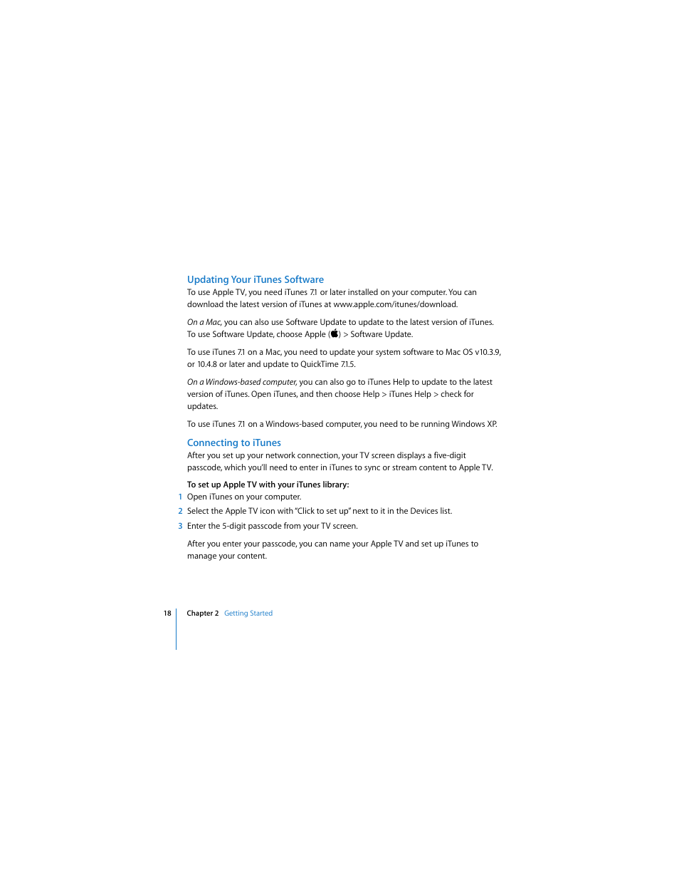 Updating your itunes software, Connecting to itunes | Apple TV User Manual | Page 18 / 48