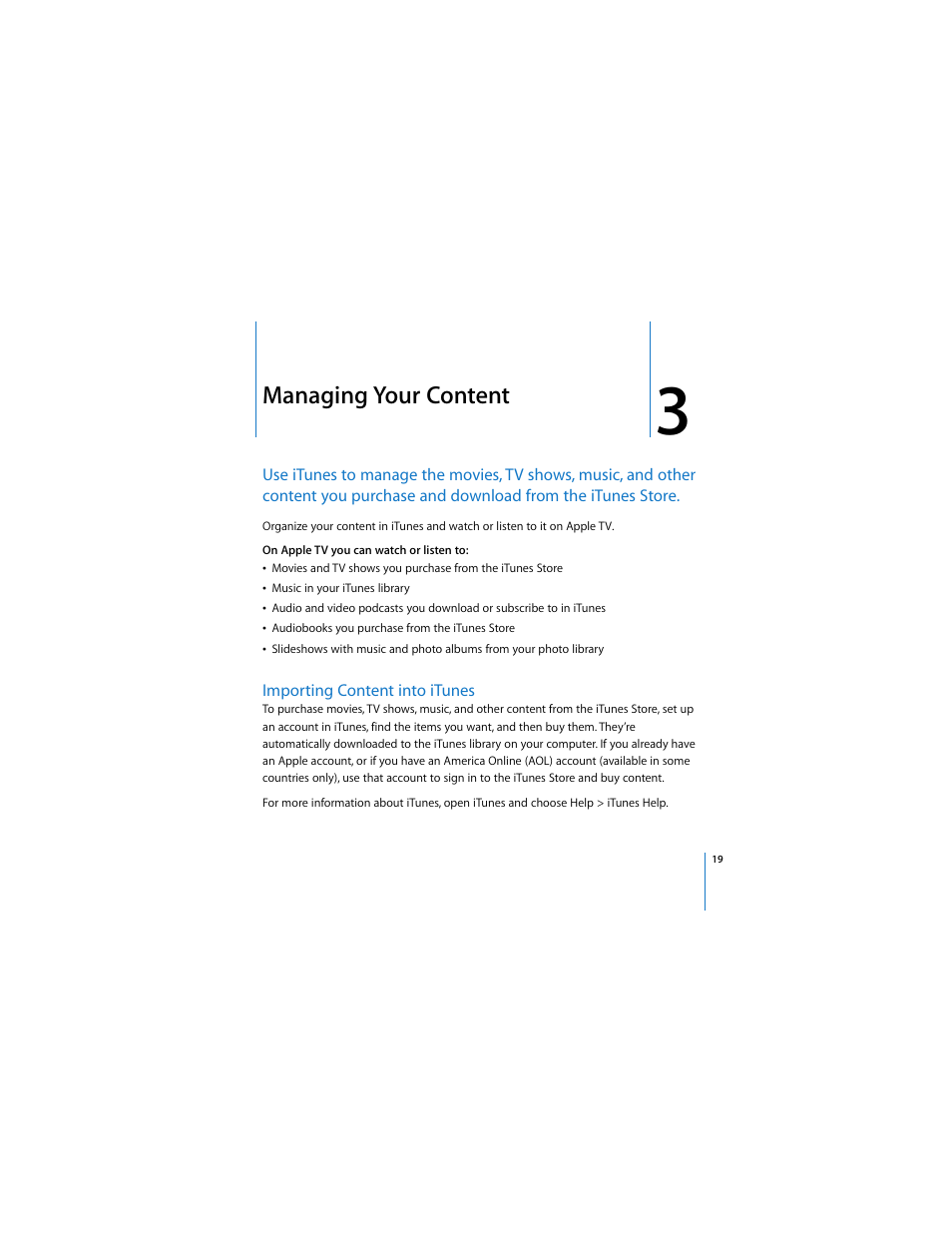 Managing your content, Importing content into itunes | Apple TV User Manual | Page 19 / 48
