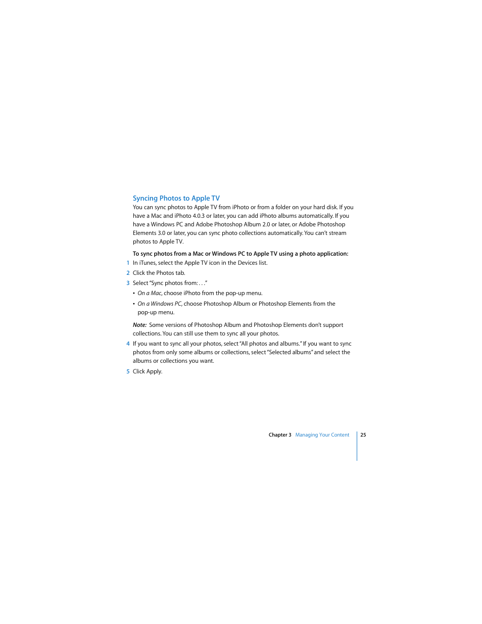 Syncing photos to apple tv | Apple TV User Manual | Page 25 / 48