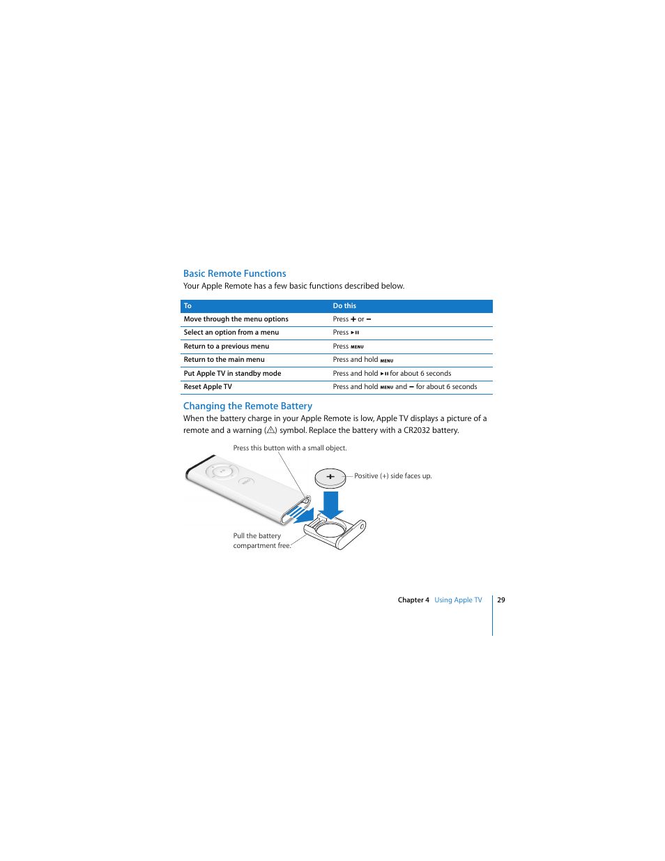 Basic remote functions, Changing the remote battery | Apple TV User Manual | Page 29 / 48