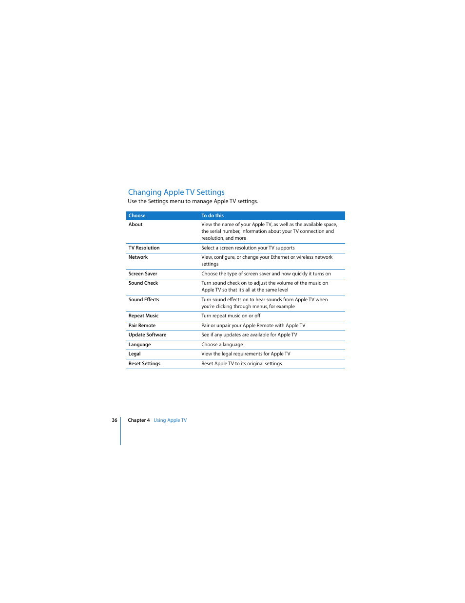 Changing apple tv settings | Apple TV User Manual | Page 36 / 48