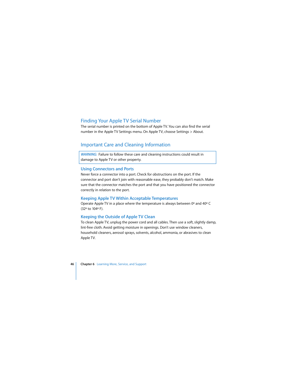 Finding your apple tv serial number, Important care and cleaning information, Using connectors and ports | Keeping apple tv within acceptable temperatures, Keeping the outside of apple tv clean | Apple TV User Manual | Page 46 / 48