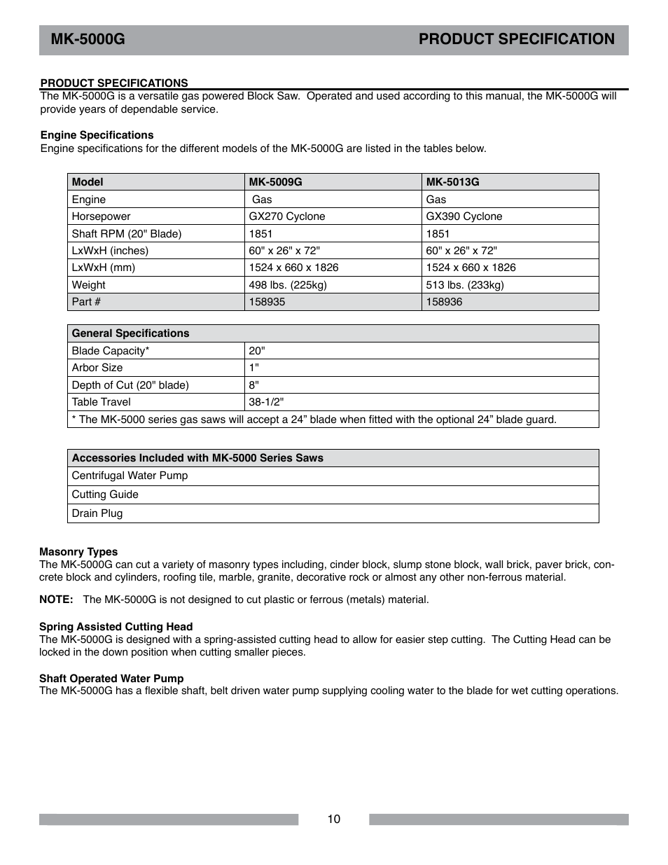 Mk-5000g product specification | Barranca Diamond MK-5009G/5013G User Manual | Page 10 / 56