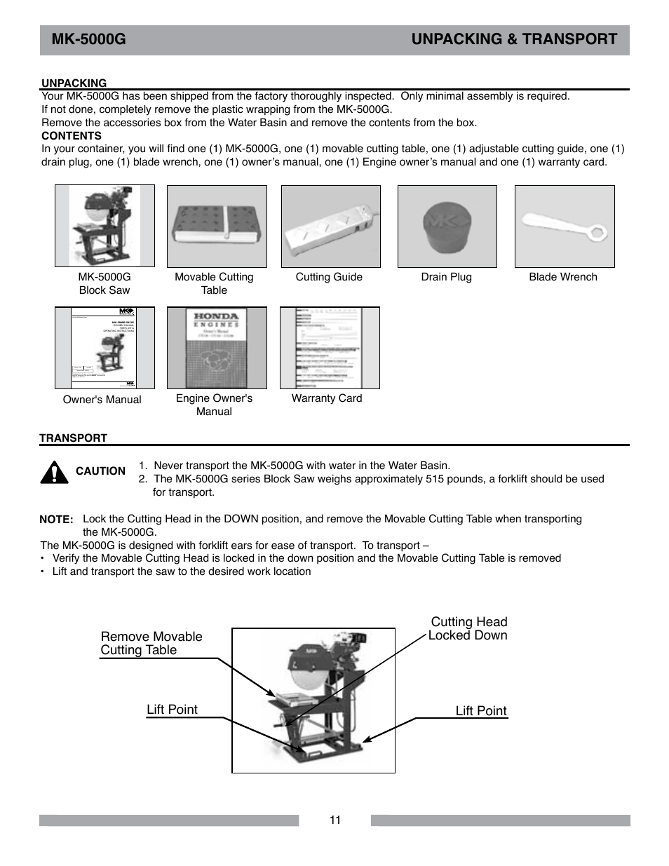 Mk-5000g unpacking & transport | Barranca Diamond MK-5009G/5013G User Manual | Page 11 / 56