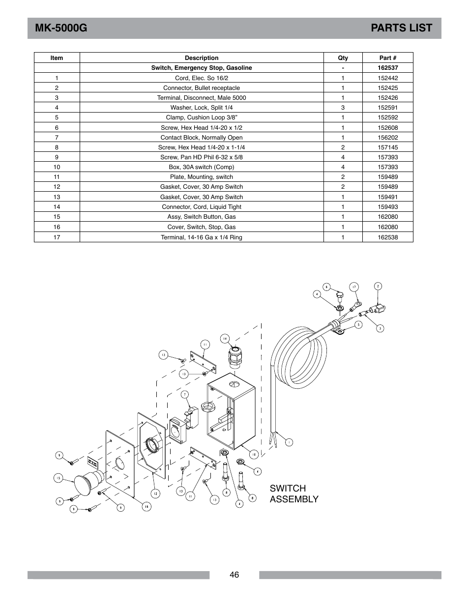 Mk-5000g parts list, Switch assembly | Barranca Diamond MK-5009G/5013G User Manual | Page 46 / 56