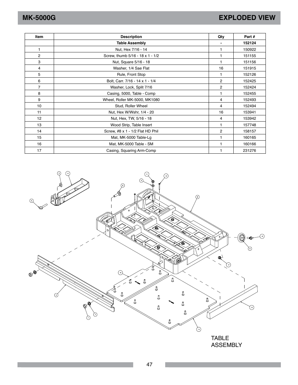 Mk-5000g exploded view, Table assembly | Barranca Diamond MK-5009G/5013G User Manual | Page 47 / 56