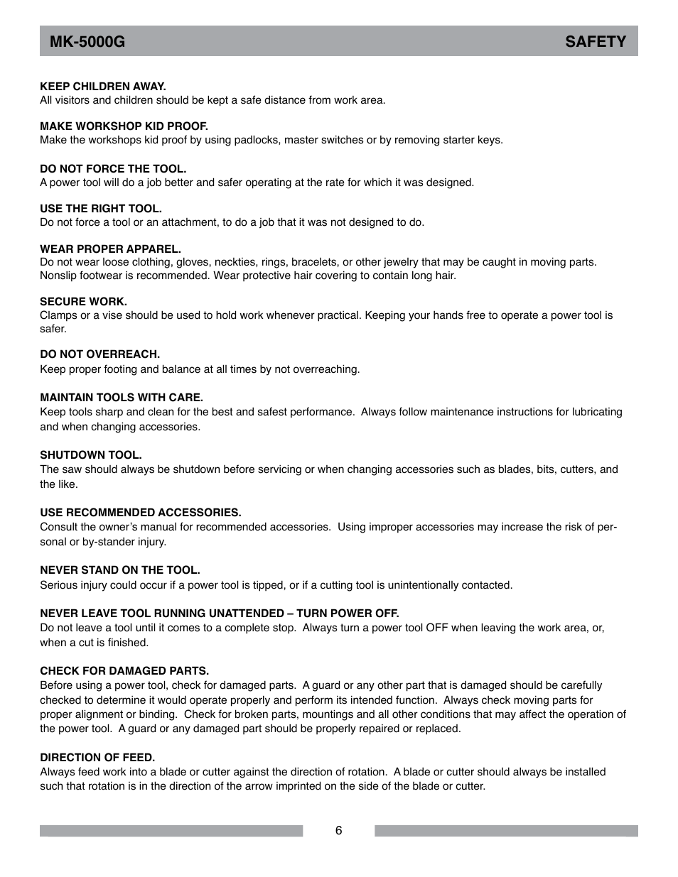 Mk-5000g safety | Barranca Diamond MK-5009G/5013G User Manual | Page 6 / 56