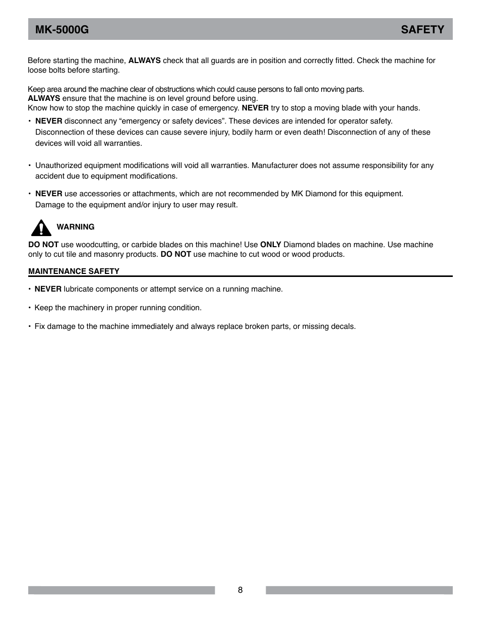 Mk-5000g safety | Barranca Diamond MK-5009G/5013G User Manual | Page 8 / 56