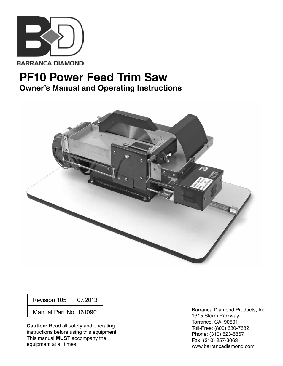 Barranca Diamond PF10 Power Feed Trim Saw User Manual | 36 pages