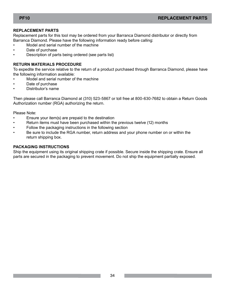 Barranca Diamond PF10 Power Feed Trim Saw User Manual | Page 34 / 36