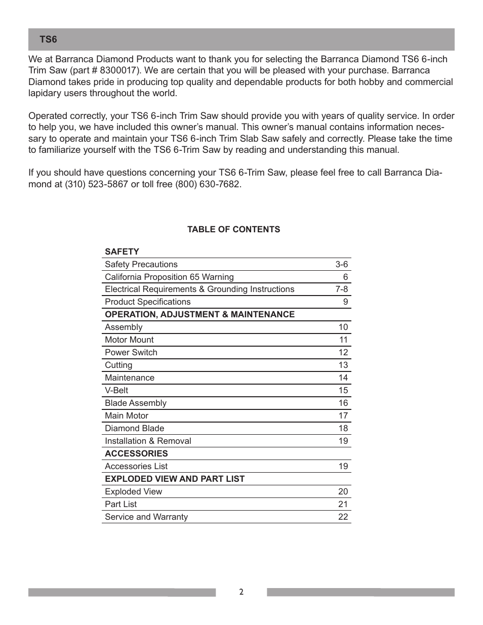 Barranca Diamond 6-inch TS6 Trim Saw User Manual | Page 2 / 24