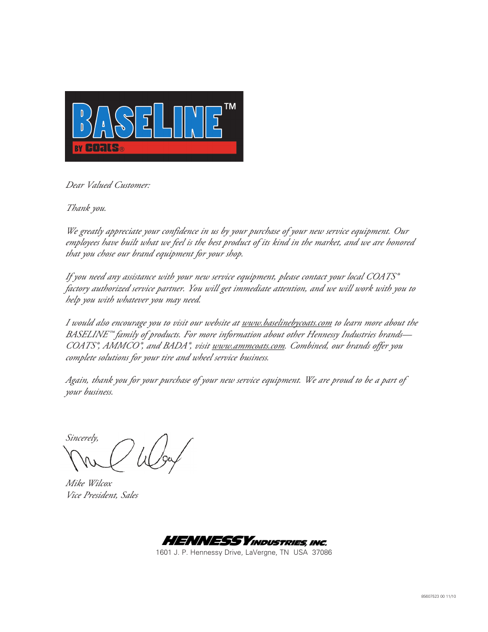 BASELINE Customer Letter User Manual | 1 page