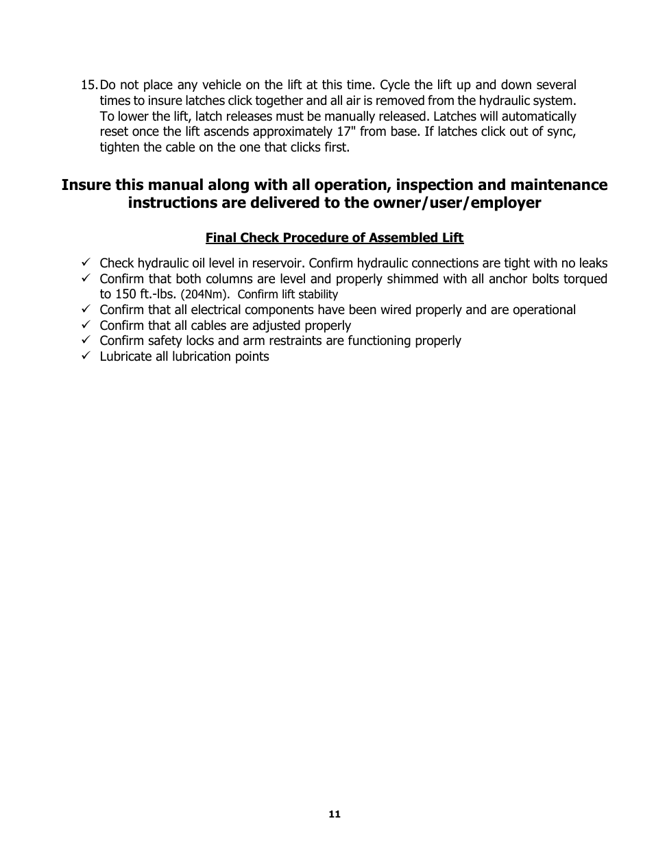 Operating instructions and lift maintenance | BASELINE Lift BL209BP User Manual | Page 11 / 33