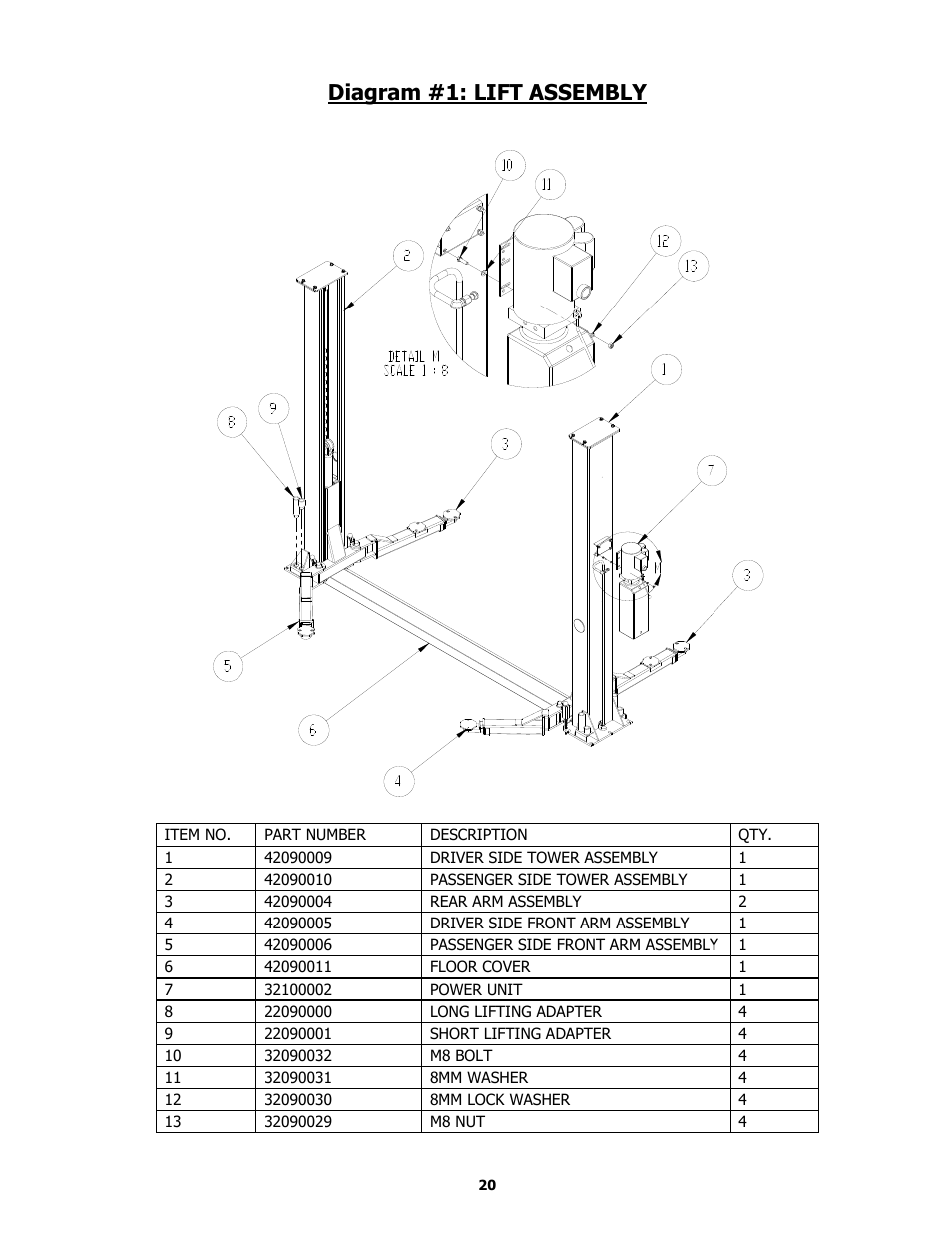 Diagram #1: lift assembly | BASELINE Lift BL209BP User Manual | Page 20 / 33