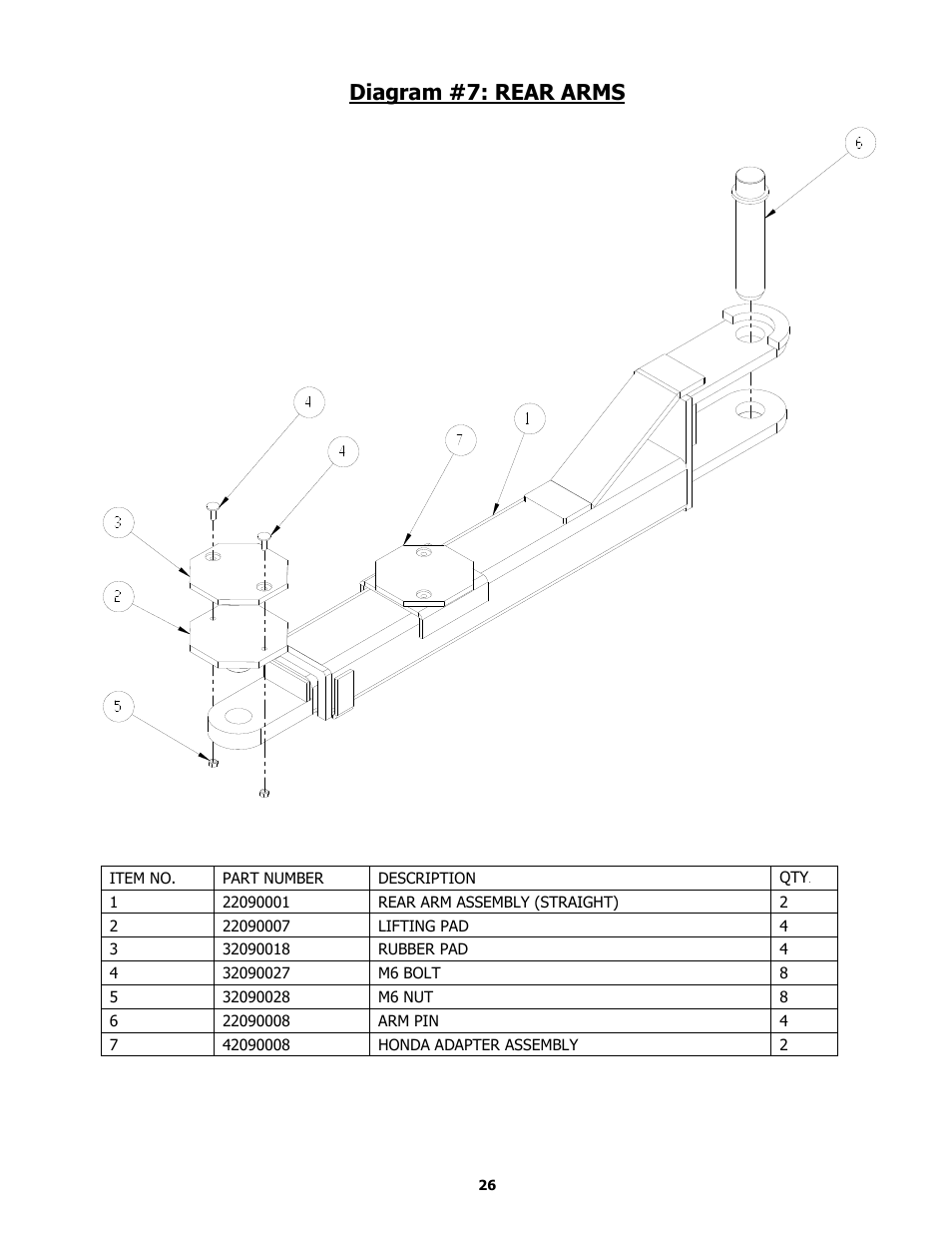 Diagram #7: rear arms | BASELINE Lift BL209BP User Manual | Page 26 / 33