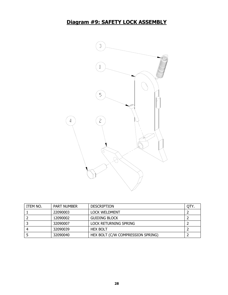 Diagram #9: safety lock assembly | BASELINE Lift BL209BP User Manual | Page 28 / 33