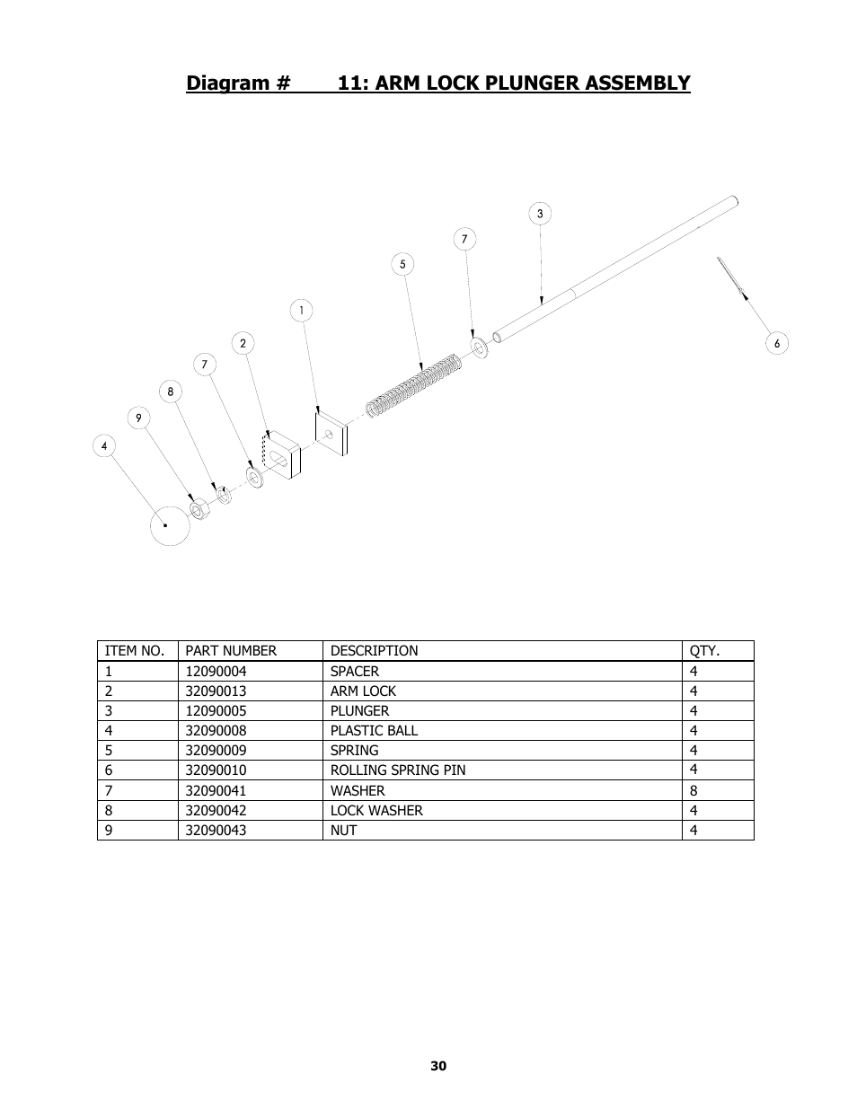 Diagram#10: hydraulic system, Diagram#11: arm lock plunger assembly, Diagram # 11: arm lock plunger assembly | BASELINE Lift BL209BP User Manual | Page 30 / 33