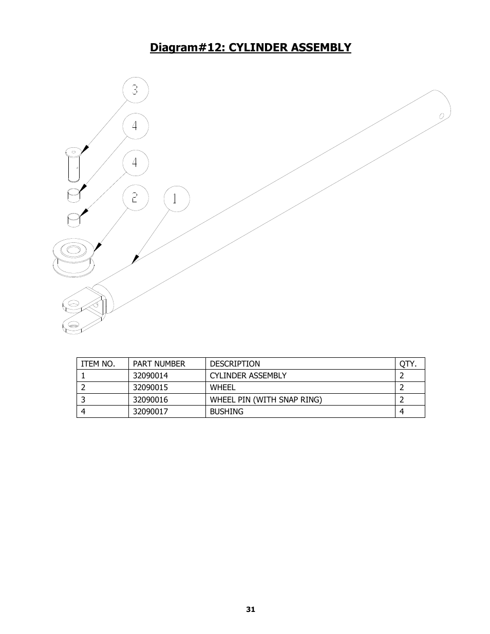 Diagram#12: cylinder assembly | BASELINE Lift BL209BP User Manual | Page 31 / 33