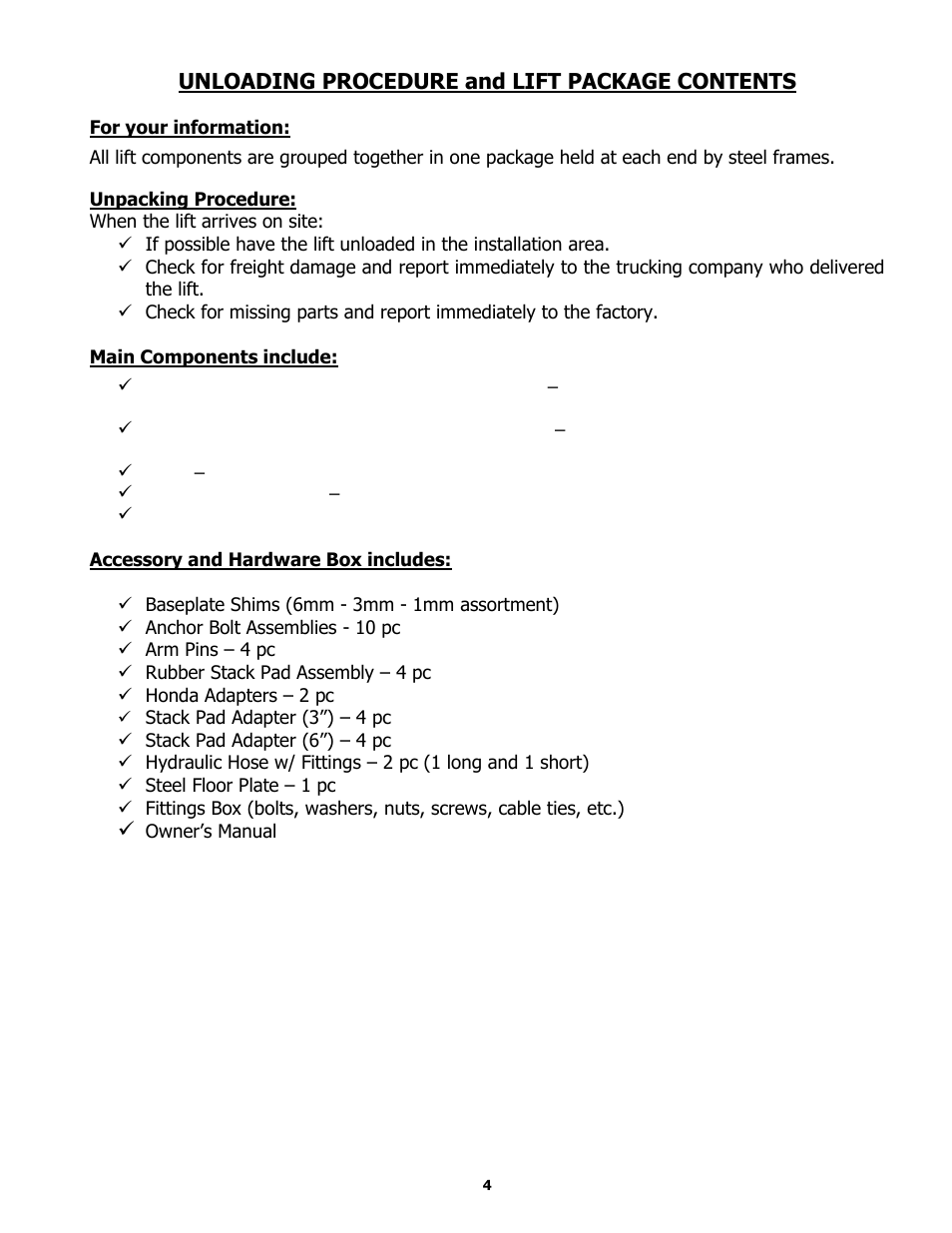 Unloading procedure and lift package contents | BASELINE Lift BL209BP User Manual | Page 4 / 33