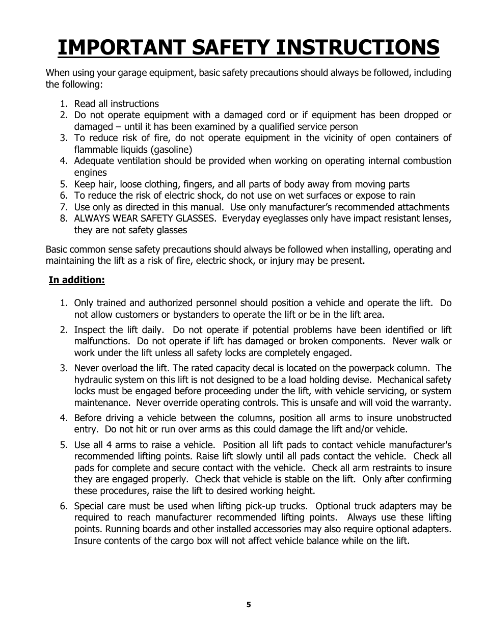 Important safety instructions | BASELINE Lift BL209BP User Manual | Page 5 / 33