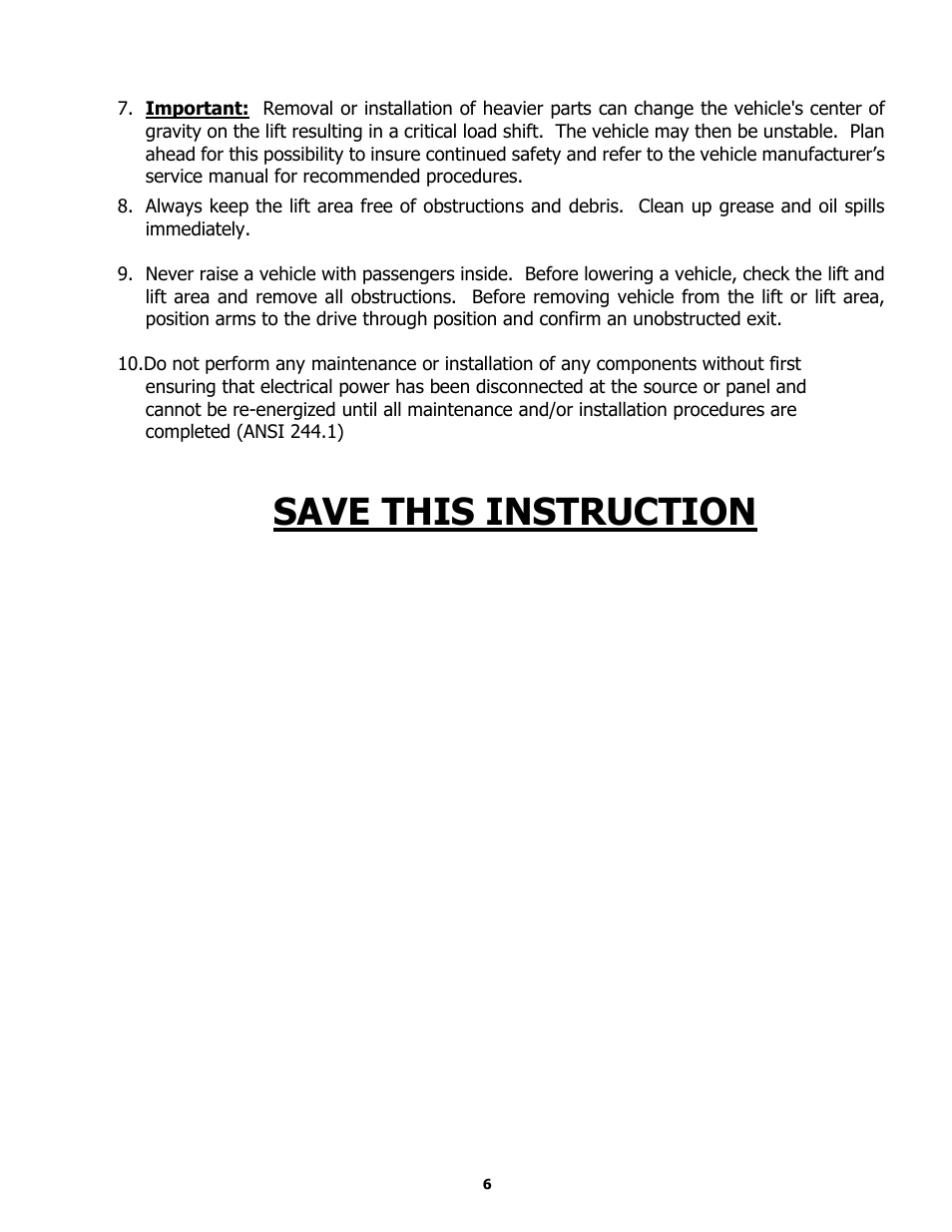 Save this instruction | BASELINE Lift BL209BP User Manual | Page 6 / 33