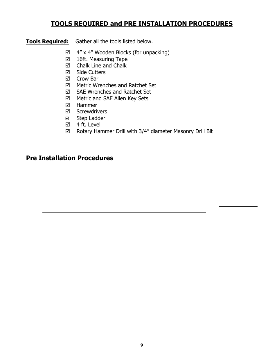 Installation procedure, Tools required and pre installation procedures, Pre installation procedures | BASELINE Lift BL209BP User Manual | Page 9 / 33