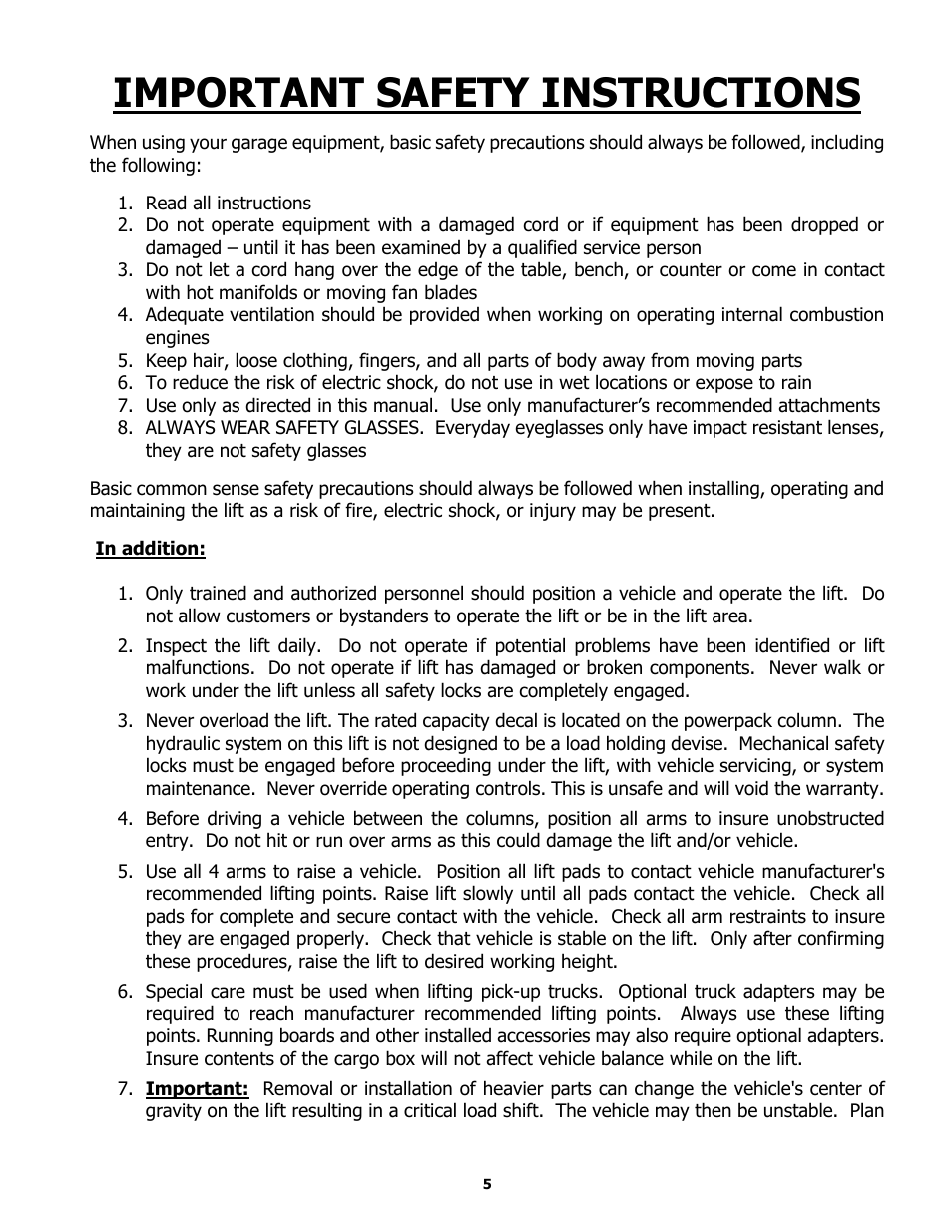 Important safety instructions | BASELINE Lift BL211CF User Manual | Page 5 / 35