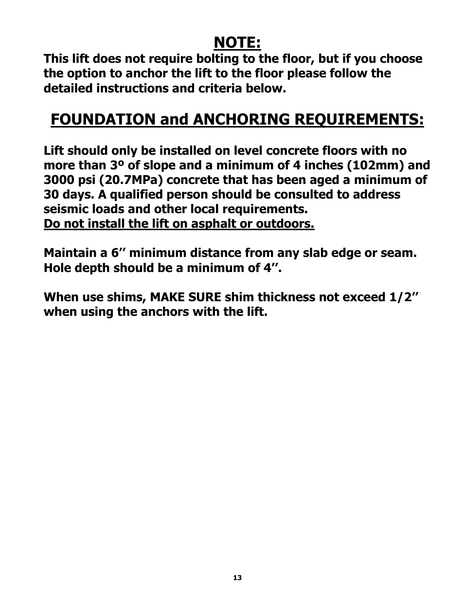 Foundation and anchoring requirements | BASELINE Lift BL409 User Manual | Page 13 / 38