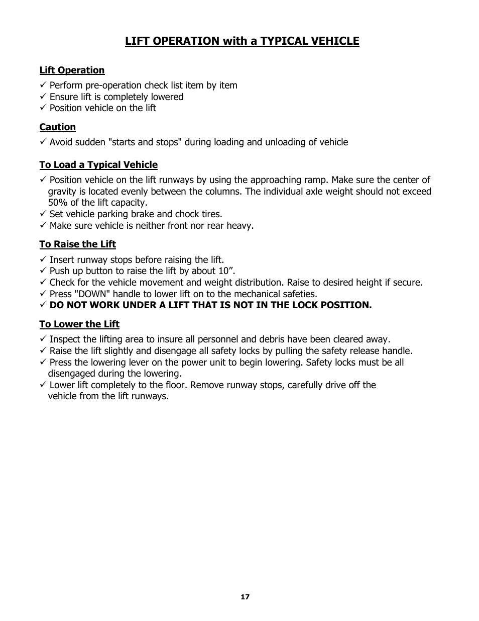 Lift operation with a typical vehicle | BASELINE Lift BL409 User Manual | Page 17 / 38