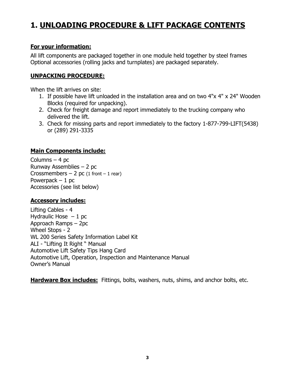 Unloading procedure & lift package contents | BASELINE Lift BL409 User Manual | Page 3 / 38