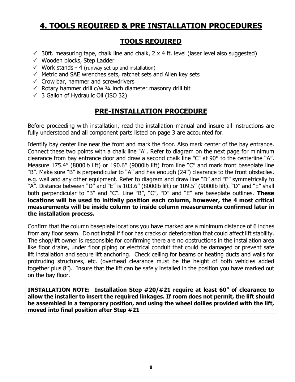 Tools required & pre installation procedures | BASELINE Lift BL409 User Manual | Page 8 / 38